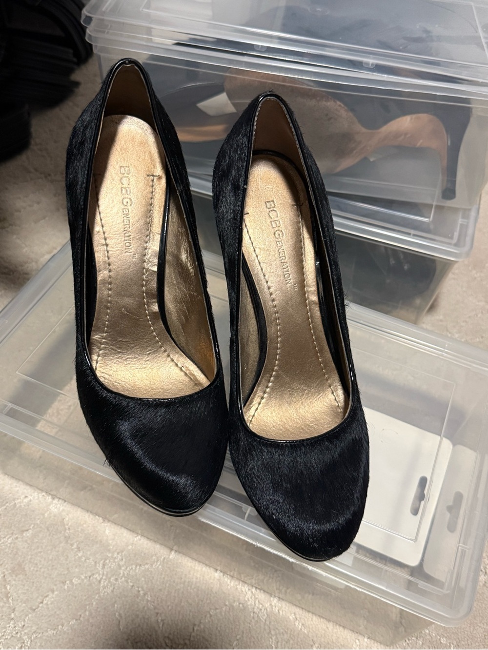 BCBGeneration Black Faux-Hair Round-Toe High Heels